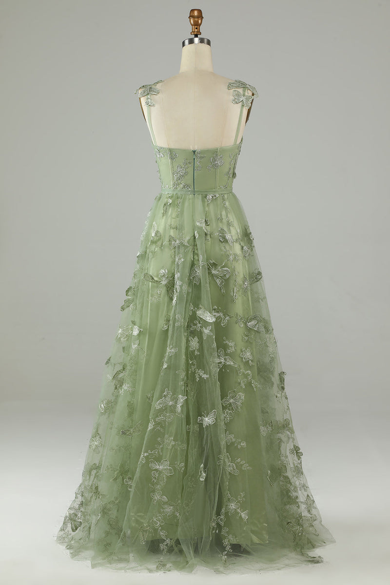 Load image into Gallery viewer, Green Corset Long Tulle Formal Dress with 3D Butterflies