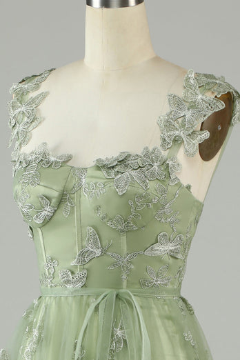 Green Corset Long Tulle Formal Dress with 3D Butterflies