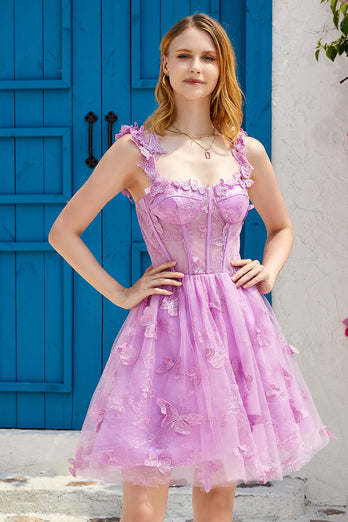 Purple A Line Corset Short Formal Dress with 3D Butterflies