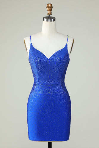 Sheath Spaghetti Straps Royal Blue Short Formal Dress with Beading