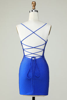 Sheath Spaghetti Straps Royal Blue Short Formal Dress with Beading