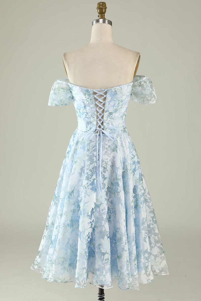 Load image into Gallery viewer, Tulle Off The Shoulder Blue Short Formal Dress