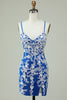 Load image into Gallery viewer, Spaghetti Straps Blue Sheath Short Formal Dress With Appliques