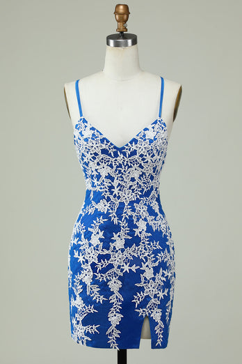 Spaghetti Straps Blue Sheath Short Formal Dress With Appliques