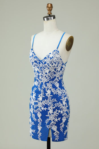 Spaghetti Straps Blue Sheath Short Formal Dress With Appliques