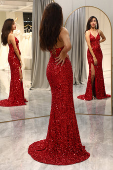 Sparkly Red Mermaid Long Mirror Formal Dress With Slit