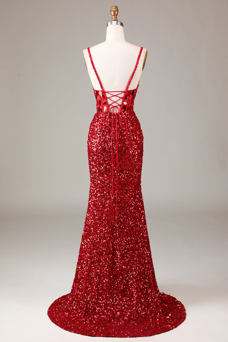 Load image into Gallery viewer, Glitter Mirror Sequins Red Corset Party Dress with Slit