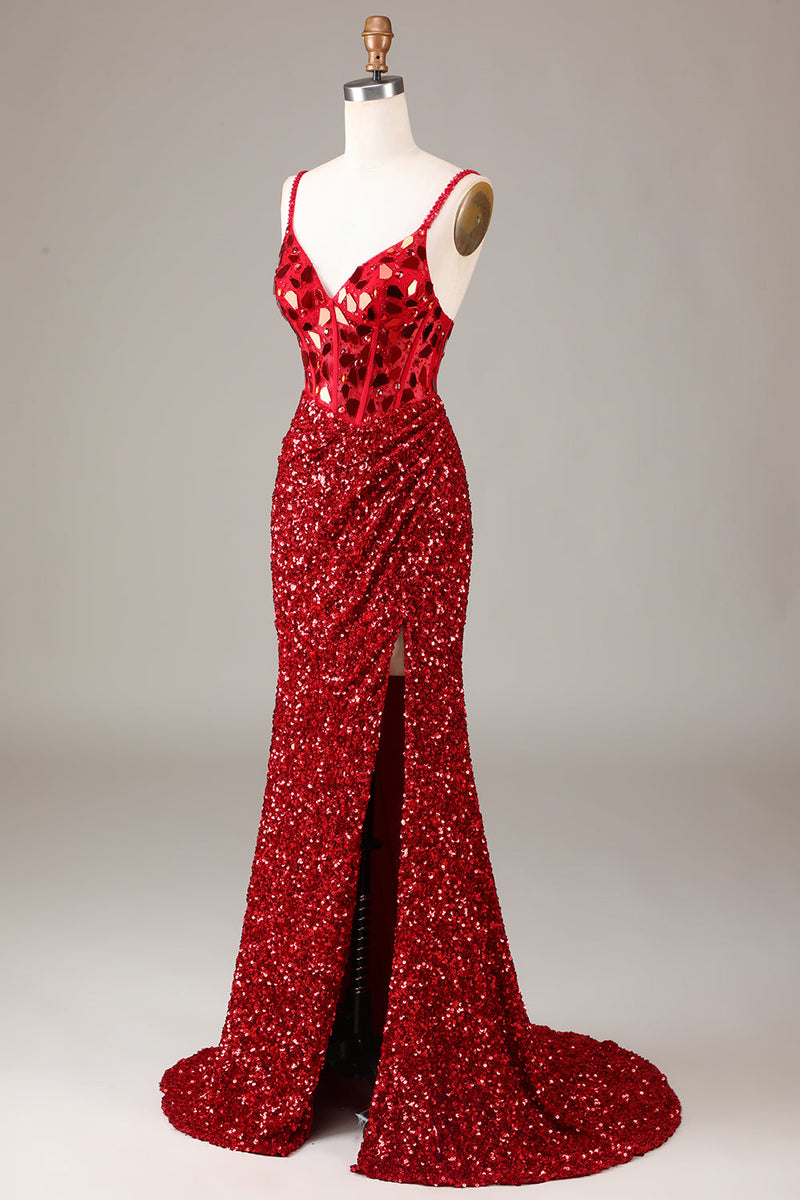 Load image into Gallery viewer, Glitter Mirror Sequins Red Corset Party Dress with Slit