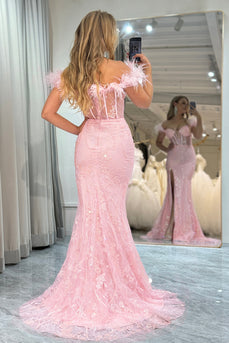 Glitter Pink Mermaid Long Formal Corset Formal Dress With Appliques