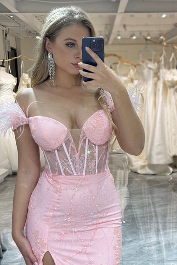 Glitter Pink Mermaid Long Formal Corset Formal Dress With Appliques