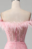 Load image into Gallery viewer, Mermaid Off the Shoulder Sparkly Pink Feathers Corset Prom Dress With Slit