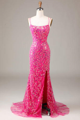 Hot Pink Sequins & Beaded Mermaid Formal Dress with Slit