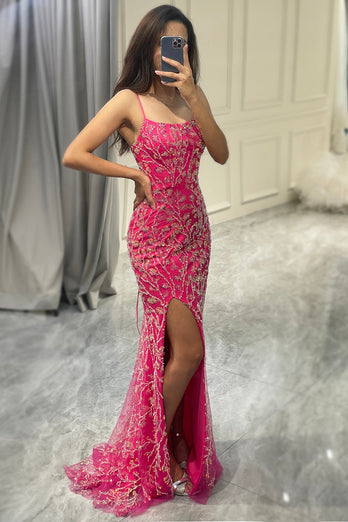 Sparkly Fuchsia Mermaid Long Appliqued Formal Dress With Slit