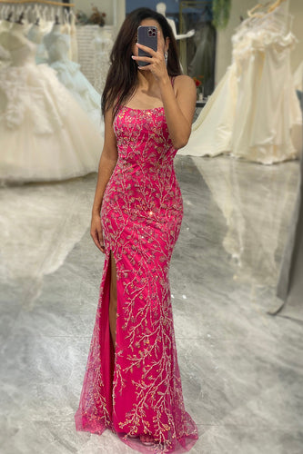 Sparkly Fuchsia Mermaid Long Appliqued Formal Dress With Slit