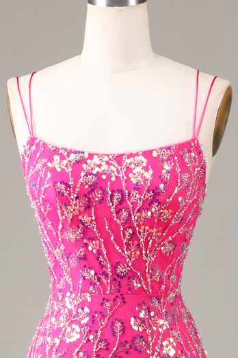 Hot Pink Sequins & Beaded Mermaid Formal Dress with Slit