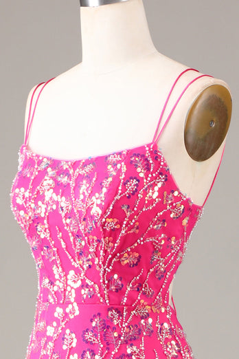 Hot Pink Sequins & Beaded Mermaid Formal Dress with Slit