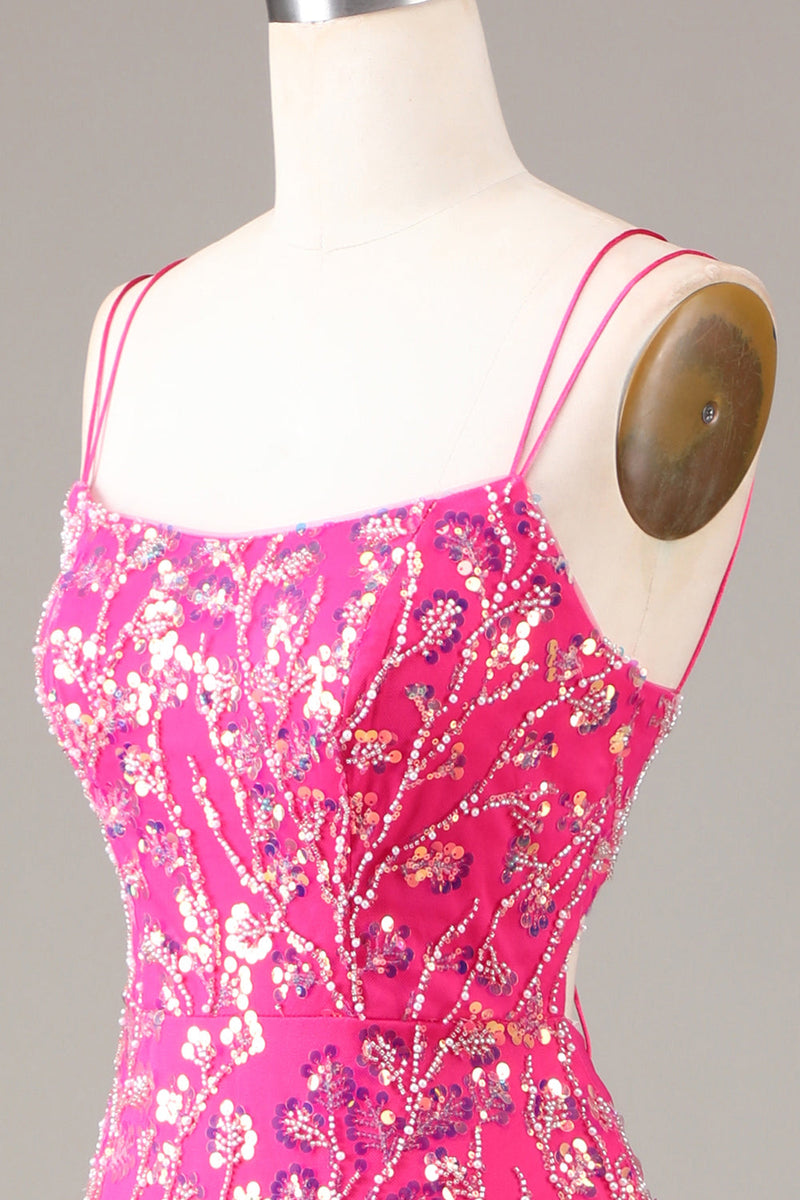 Load image into Gallery viewer, Hot Pink Sequins &amp; Beaded Mermaid Formal Dress with Slit