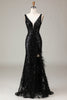 Load image into Gallery viewer, Black Sparkly Depp V-neck Mermaid Formal Dress with Feathers