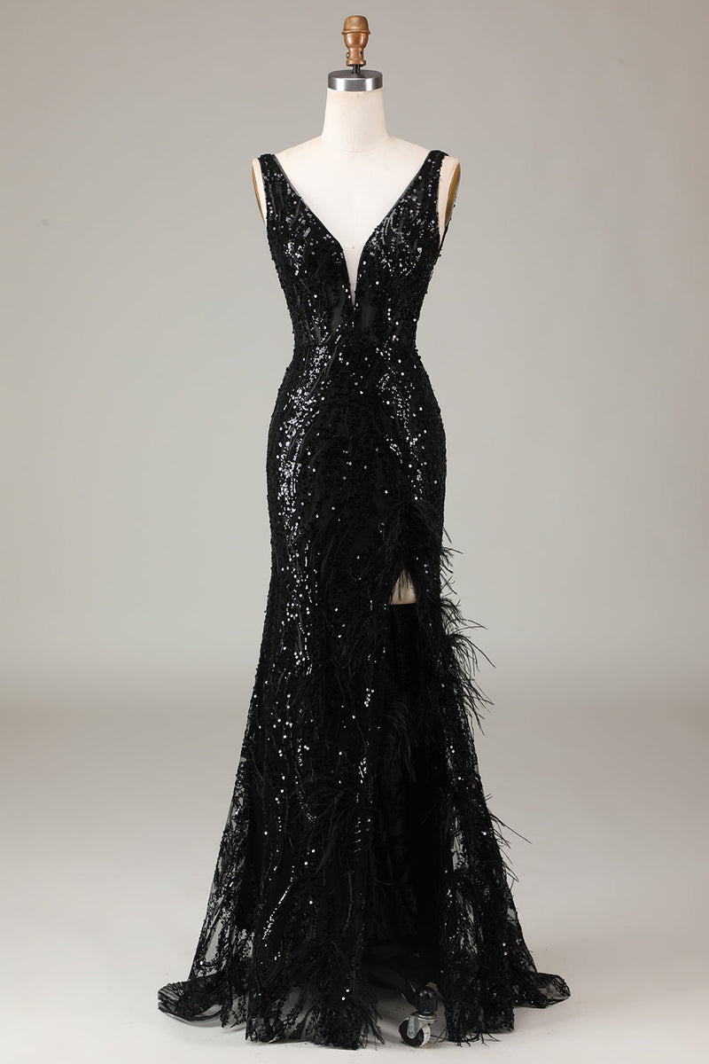 Load image into Gallery viewer, Black Sparkly Depp V-neck Mermaid Formal Dress with Feathers