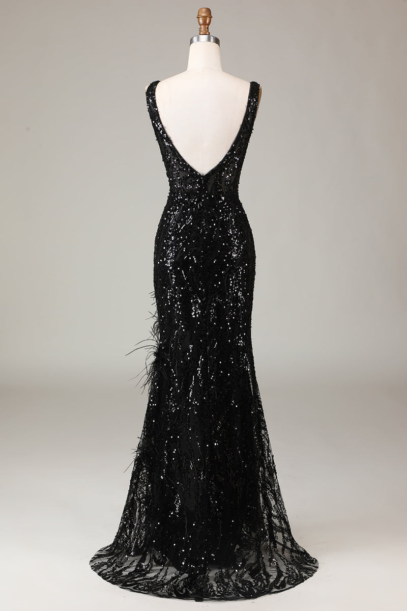 Load image into Gallery viewer, Black Sparkly Depp V-neck Mermaid Formal Dress with Feathers