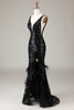 Load image into Gallery viewer, Black Sparkly Depp V-neck Mermaid Formal Dress with Feathers