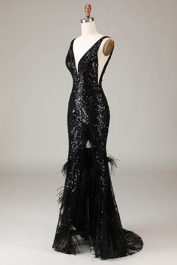 Black Sparkly Depp V-neck Mermaid Formal Dress with Feathers