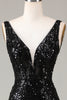 Load image into Gallery viewer, Black Sparkly Depp V-neck Mermaid Formal Dress with Feathers