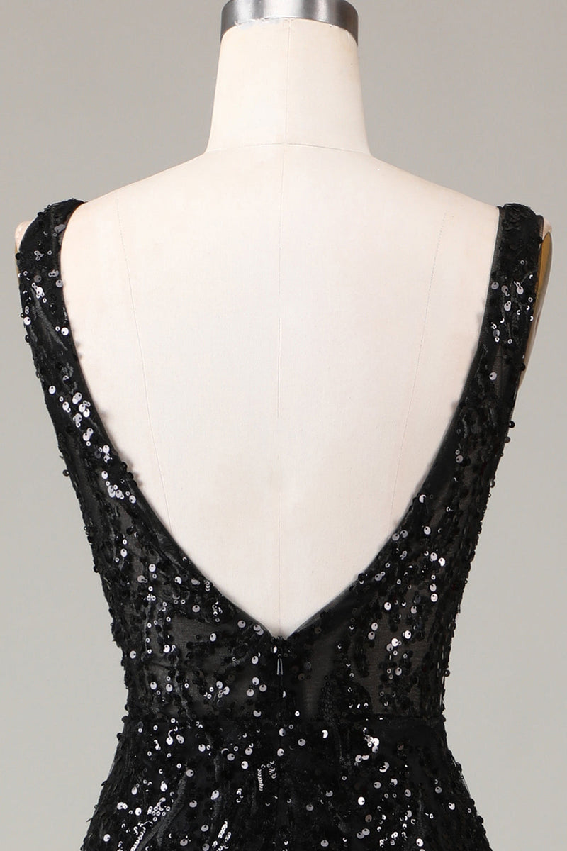 Load image into Gallery viewer, Black Sparkly Depp V-neck Mermaid Formal Dress with Feathers