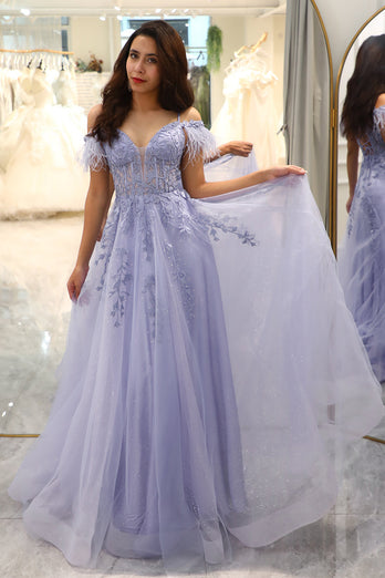 Lilac A Line Long Corset Formal Dress With Appliques