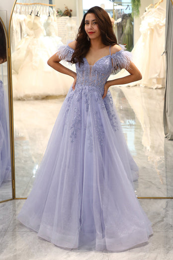 Lilac A Line Long Corset Formal Dress With Appliques