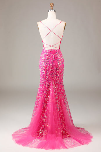 Hot Pink Sequins Mermaid Formal Dress with Beading