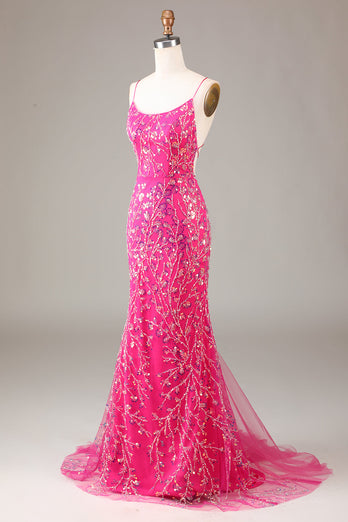 Hot Pink Sequins Mermaid Formal Dress with Beading