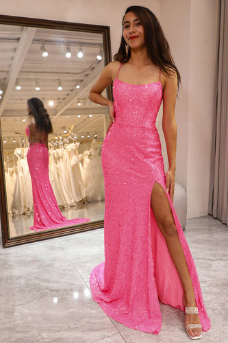 Sparkly Pink Mermaid Long Formal Dress With Slit