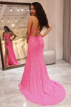 Sparkly Pink Mermaid Long Formal Dress With Slit