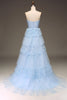 Load image into Gallery viewer, Tulle Light Blue Tiered Formal Dress with Slit