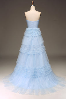 Tulle Light Blue Tiered Formal Dress with Slit