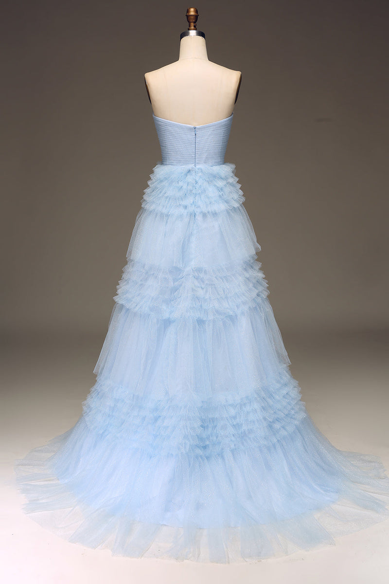 Load image into Gallery viewer, Tulle Light Blue Tiered Formal Dress with Slit