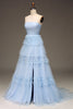 Load image into Gallery viewer, Tulle Light Blue Tiered Formal Dress with Slit