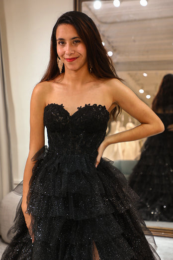 Sparkly Black Long Corset Tiered Detachable Off the Shoulder Formal Dress With Slit