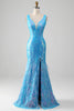 Load image into Gallery viewer, Sparkly Blue Mermaid V-Neck Long Formal Dress With Slit