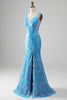 Load image into Gallery viewer, Sparkly Blue Mermaid V-Neck Long Formal Dress With Slit