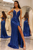 Load image into Gallery viewer, Sparkly Royal Blue Mermaid V Neck Long Formal Dress With Slit