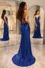 Load image into Gallery viewer, Sparkly Royal Blue Mermaid V Neck Long Formal Dress With Slit