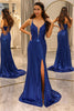 Load image into Gallery viewer, Sparkly Royal Blue Mermaid V Neck Long Formal Dress With Slit