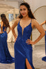 Load image into Gallery viewer, Sparkly Royal Blue Mermaid V Neck Long Formal Dress With Slit