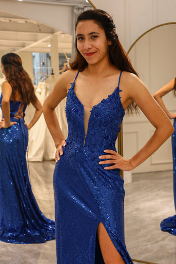 Sparkly Royal Blue Mermaid V Neck Long Formal Dress With Slit