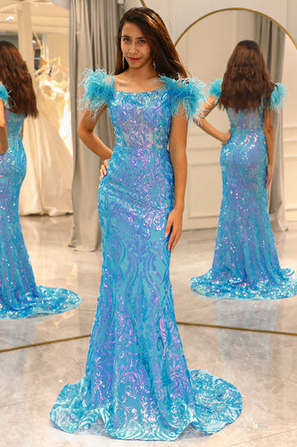 Shiny Light Blue Mermaid Long Formal Dress With Feather