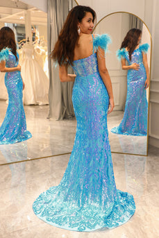 Shiny Light Blue Mermaid Long Formal Dress With Feather