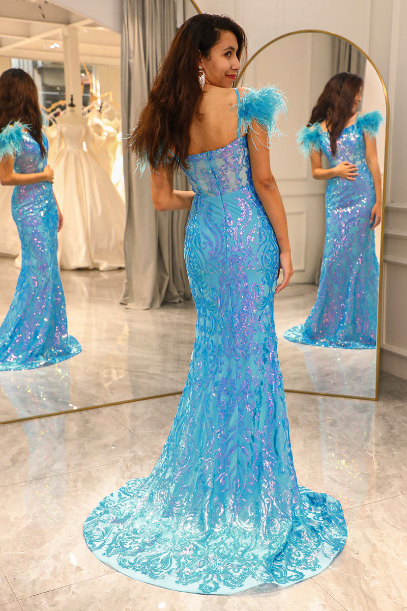 Load image into Gallery viewer, Glitter Light Blue Mermaid Long Feathered Formal Dress