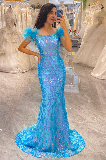 Glitter Light Blue Mermaid Long Feathered Formal Dress